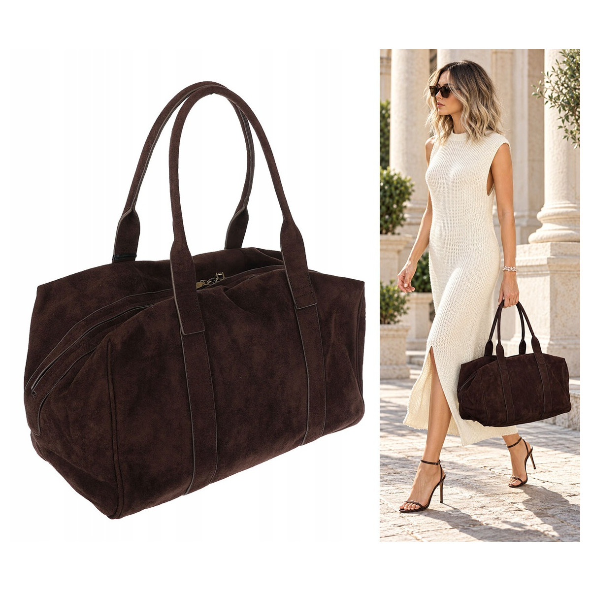 Torebka damska Tommasini zamszowa shopper torba podręczna 3851 Czekoladowa