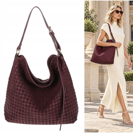Torebka damska Tommasini shopper worek A4 pleciona na ramię 3899 Bordowa