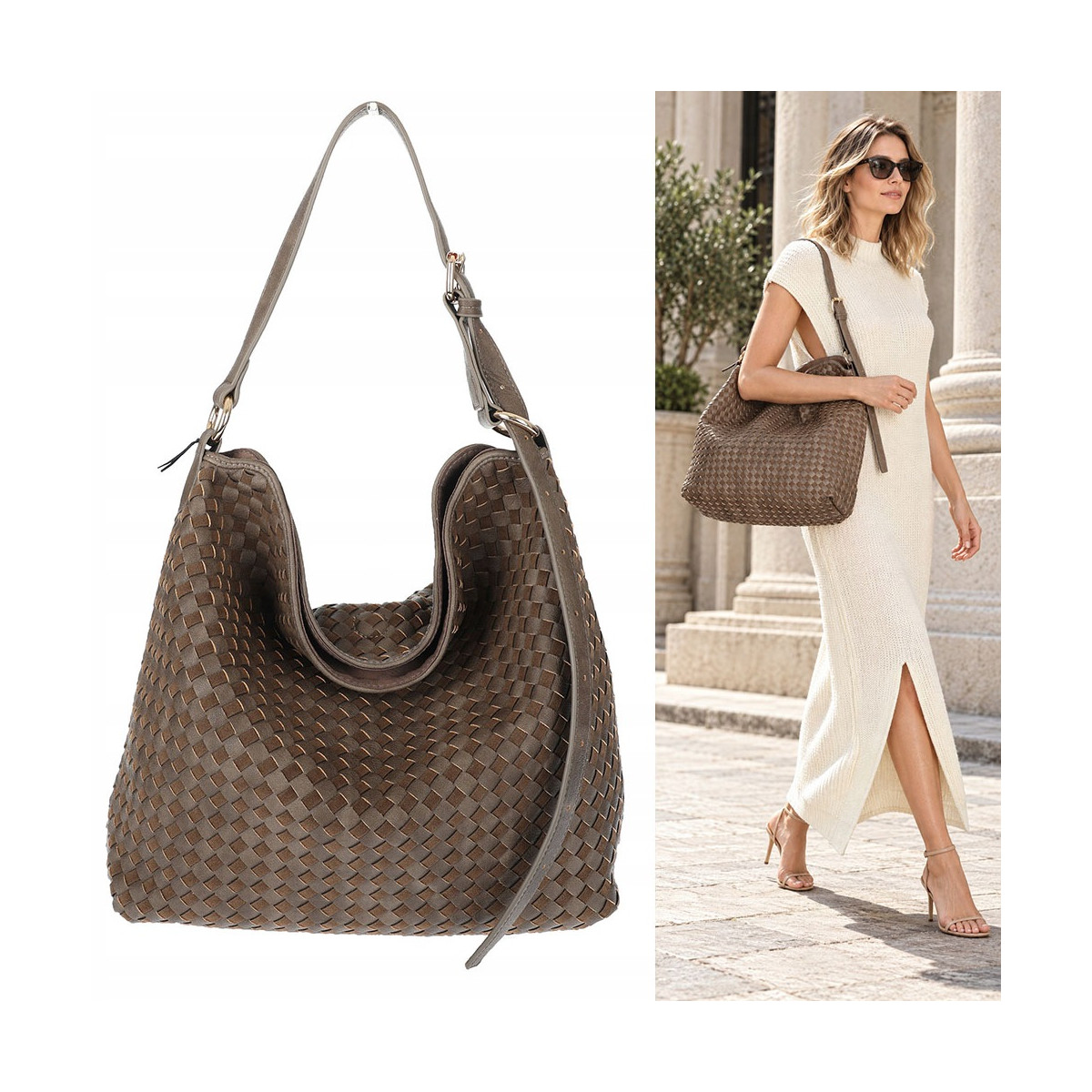 Torebka damska Tommasini shopper worek A4 pleciona na ramię 3899 Brązowa