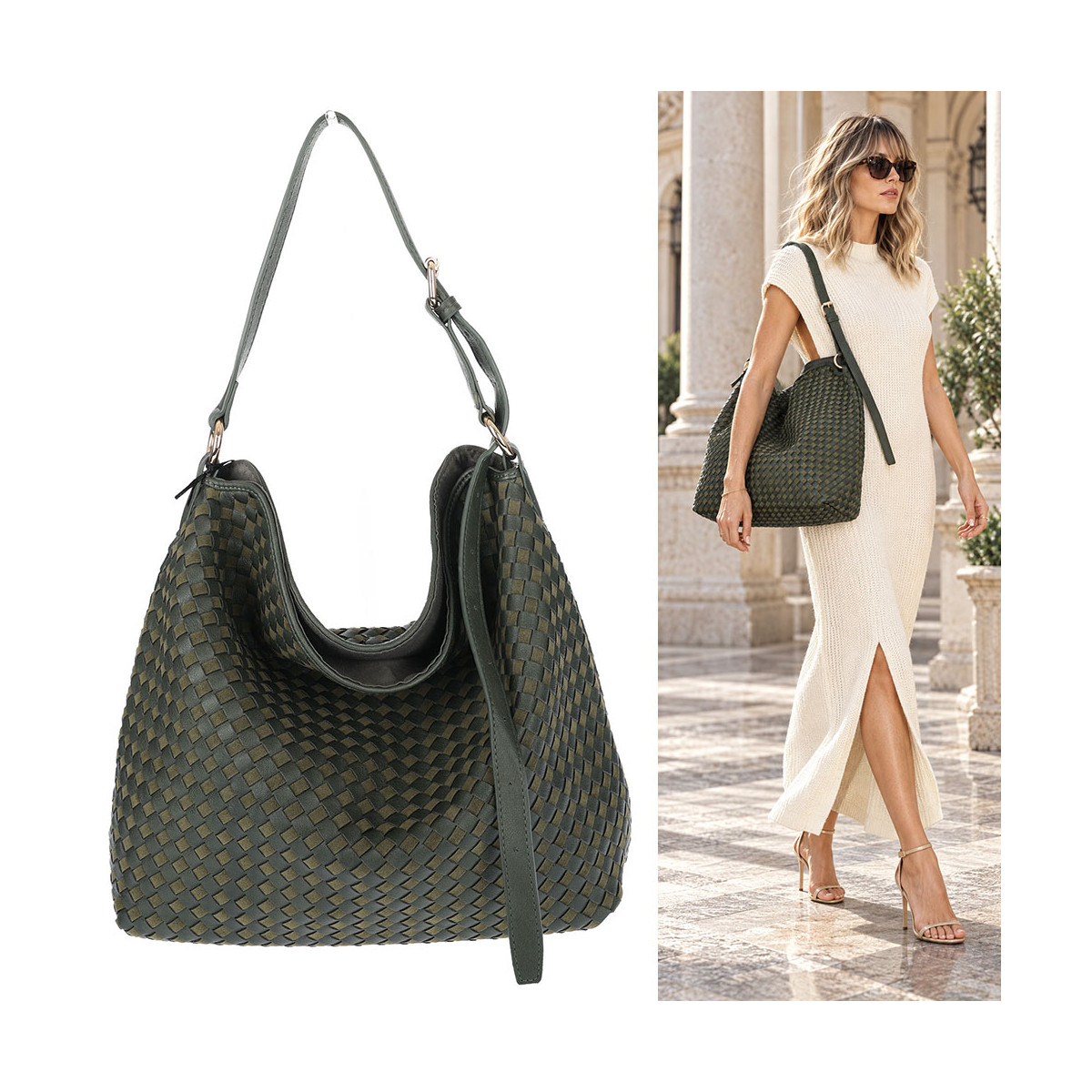 Torebka damska Tommasini shopper worek pleciona na ramię torba 3899 Zielona