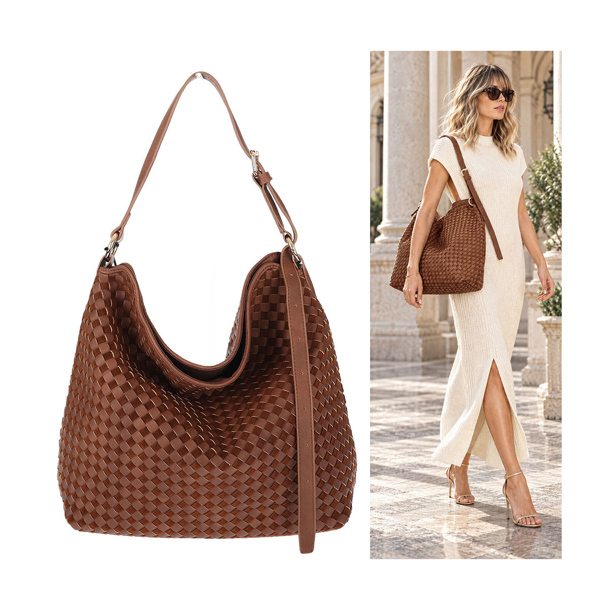 Torebka damska Tommasini shopper worek A4 pleciona na ramię 3899 Brązowa