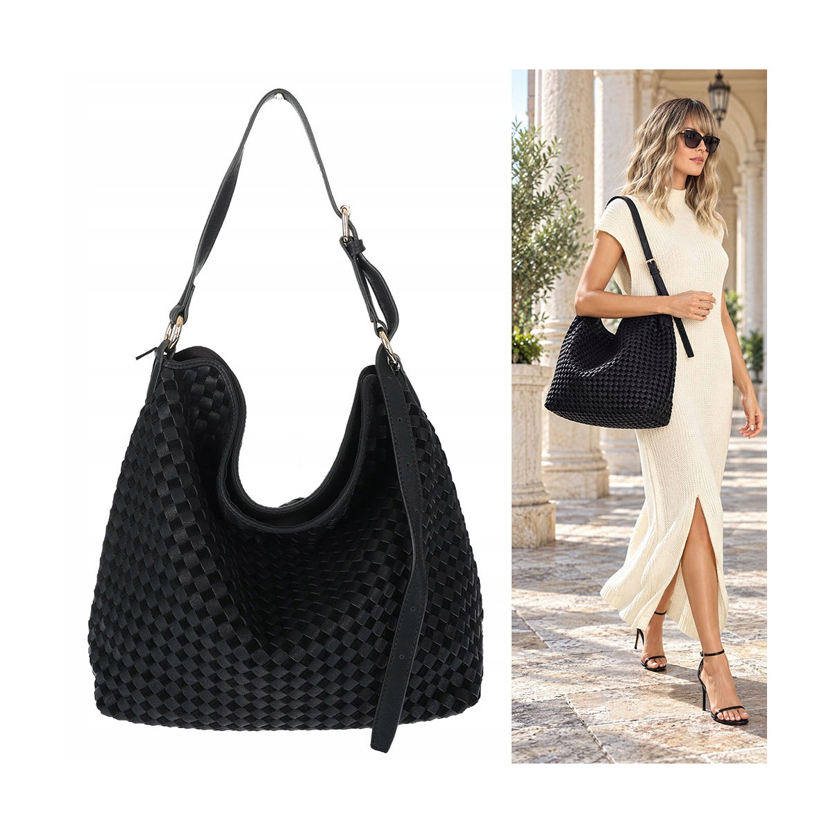 Torebka damska Tommasini shopper worek A4 pleciona na ramię 3899 Czarna