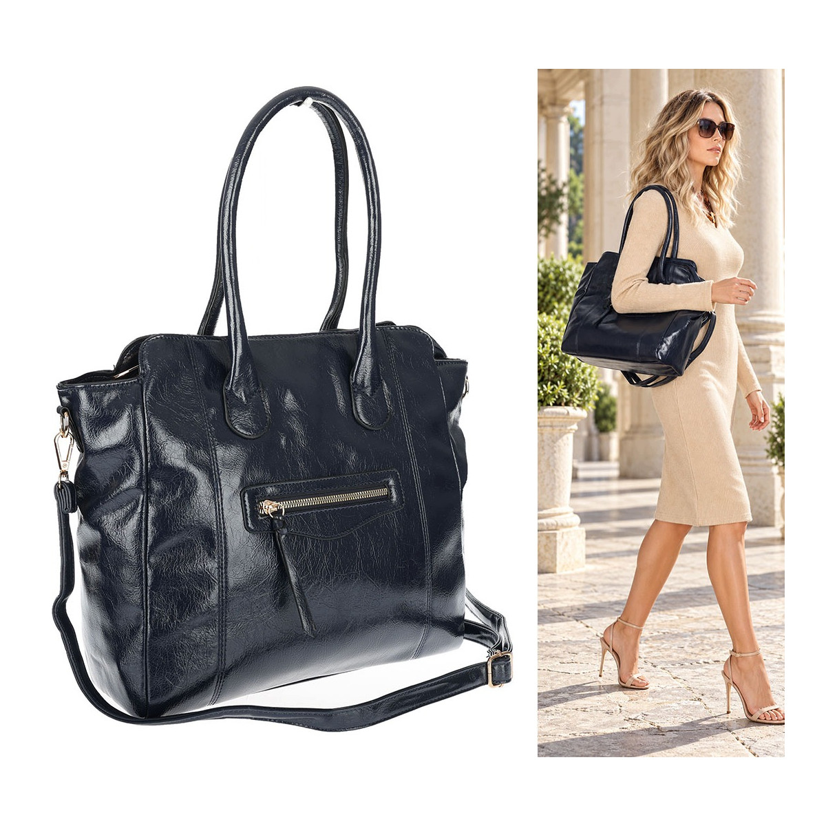 Torebka Damska shopper Teczka torba na ramię duża pojemna AM616 Granatowa