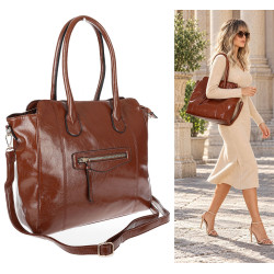 Torebka Damska shopper Teczka torba na ramię duża A4 pojemna AM616 Brązowa