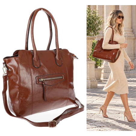 Torebka Damska shopper Teczka torba na ramię duża A4 pojemna AM616 Brązowa