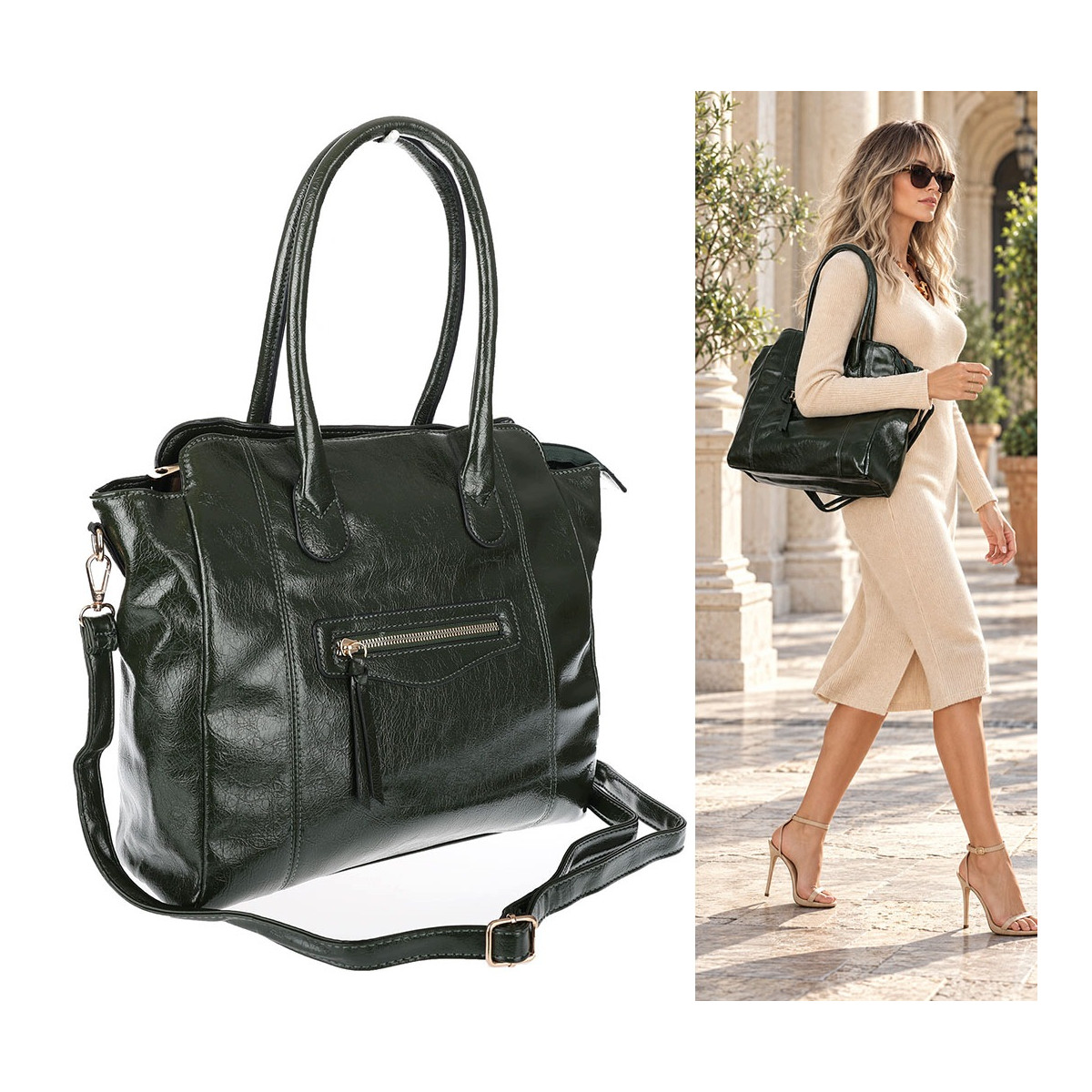 Torebka Damska shopper Teczka torba na ramię duża A4 pojemna AM616 Zielona