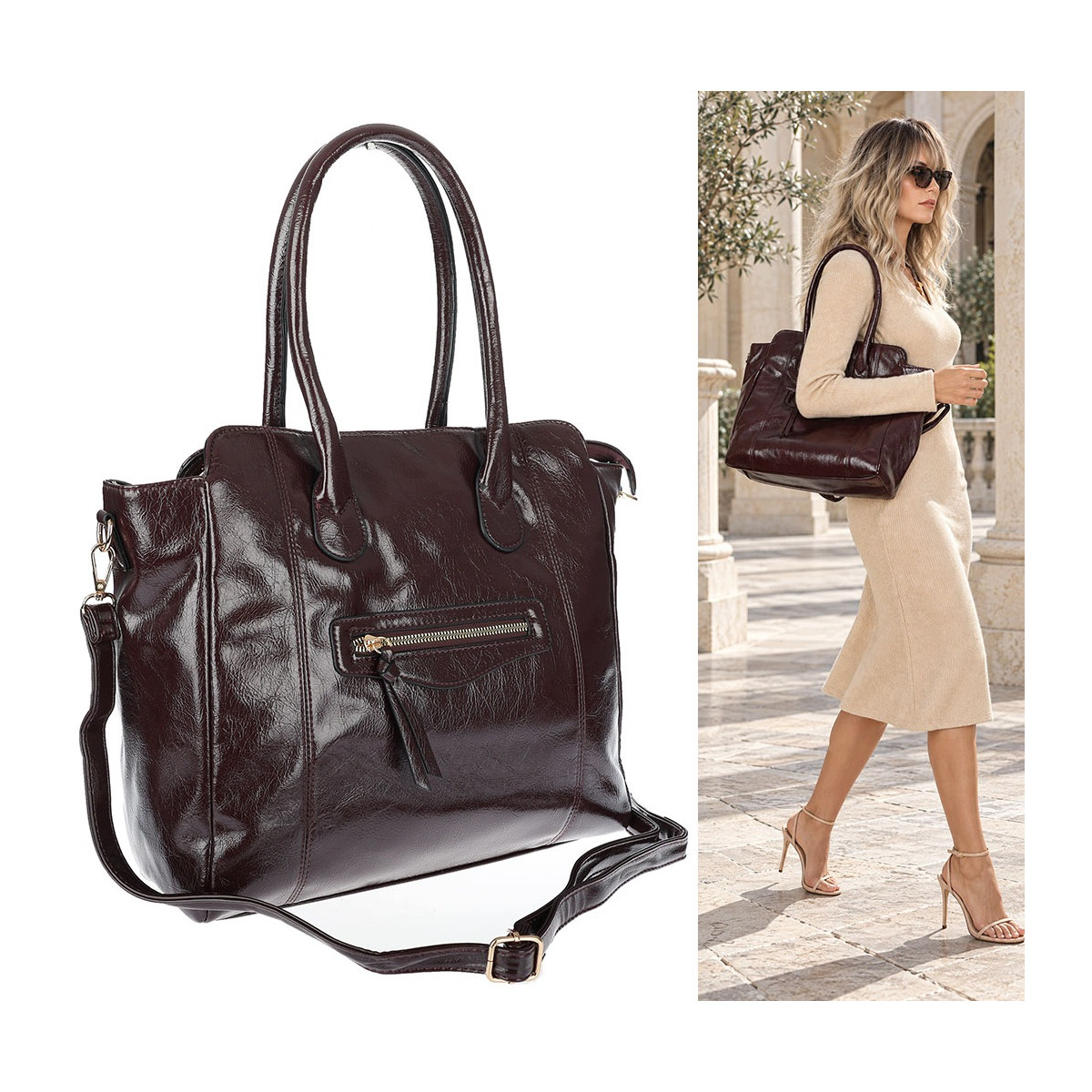 Torebka Damska shopper Teczka torba na ramięduża A4 pojemna AM616 Bordowa