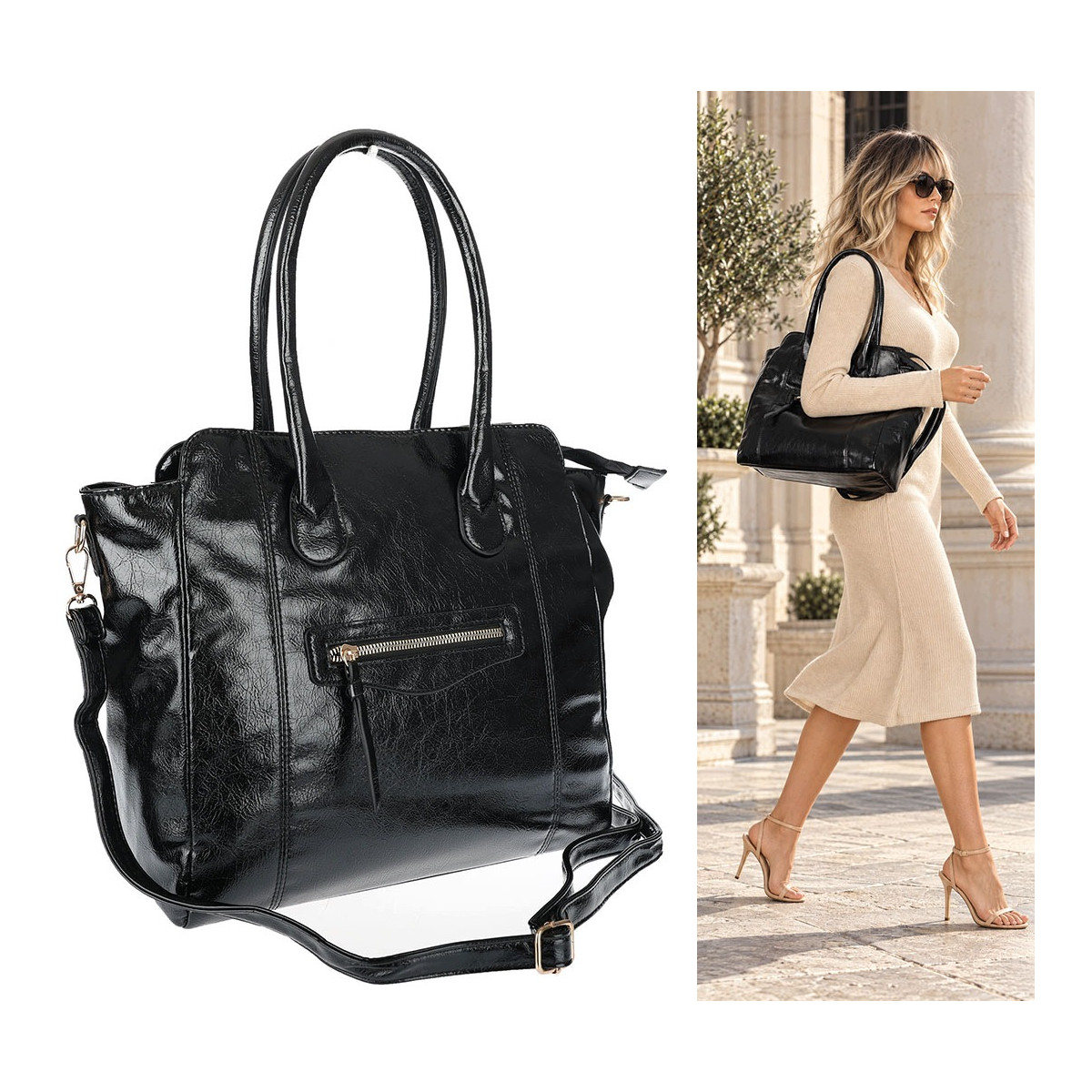 Torebka Damska shopper Teczka torba na ramię duża A4 pojemna AM616 Czarna