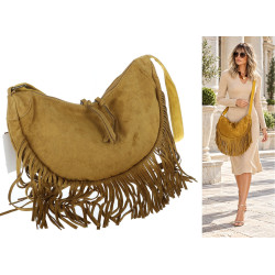 Torebka damska Zamszowa Frędzle Shopper Worek na Ramię L6353 Musztardowa