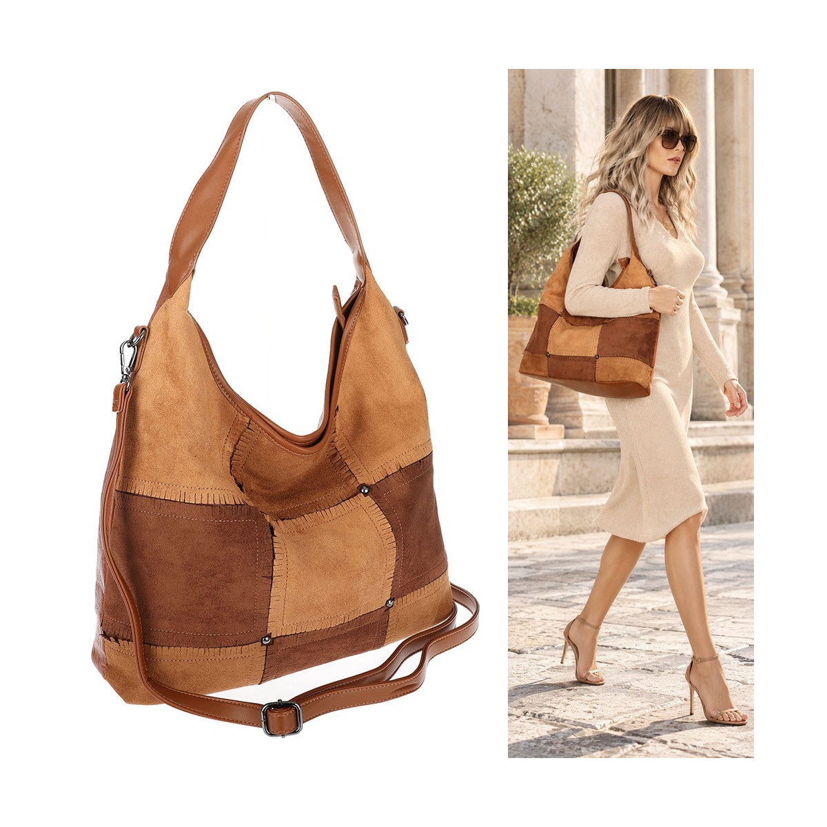 Torebka Damska zamszowa shopper listonoszka worek modna torba DC558 Brązowa