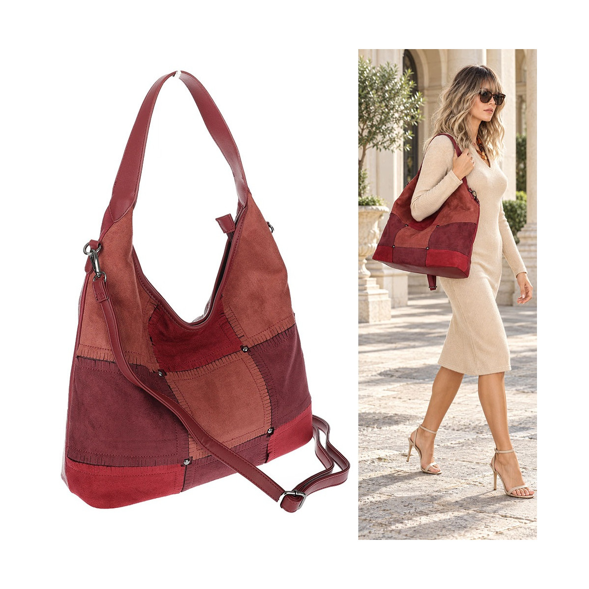 Torebka Damska zamszowa shopper listonoszka modna lekka torba DC558 Bordowa