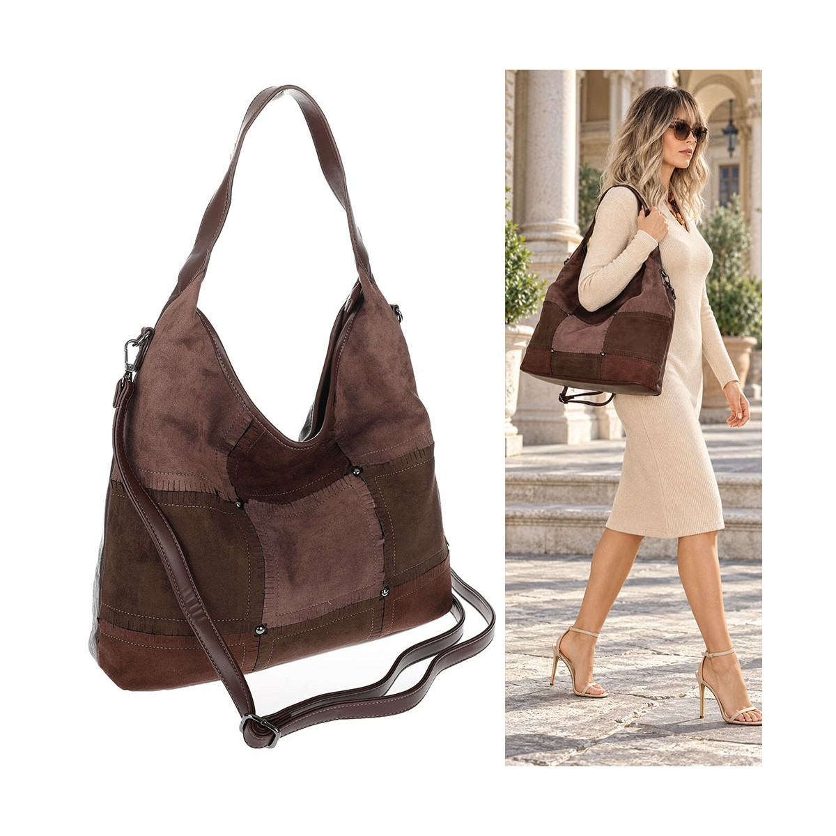 Torebka Damska zamszowa shopper listonoszka modna torba DC558 Czekoladowa