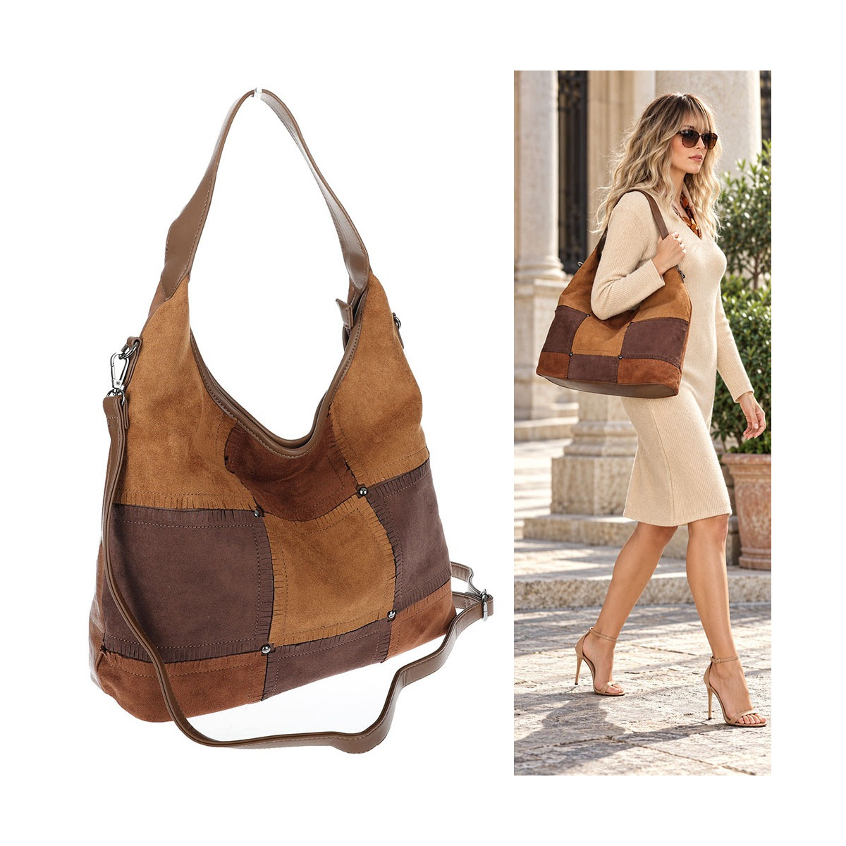 Torebka Damska zamszowa shopper listonoszka modna torba DC558 C. Brązowa