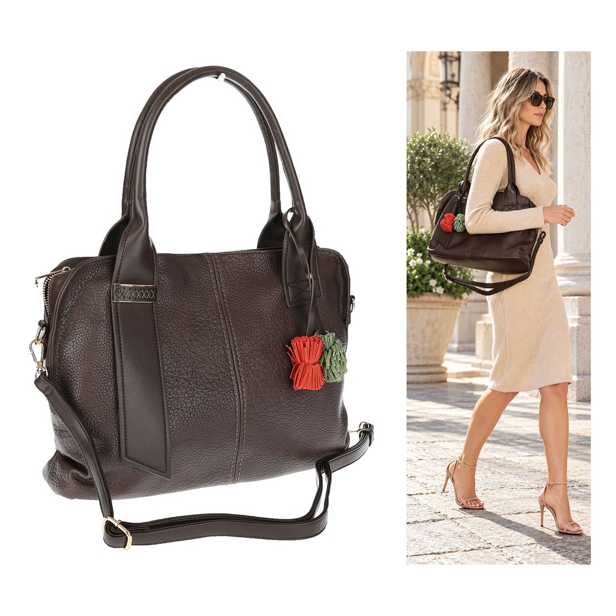 Torebka Damska shopper Teczka torba na ramię duża pojemna MC801 Czekoladowa