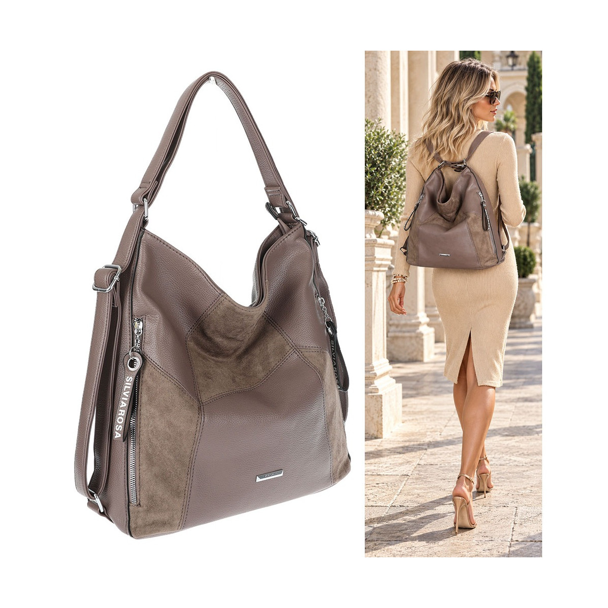 Torebka Damska Plecak Shopper na Ramię 2w1 Worek Pojemna SR009 Mud Beżowa