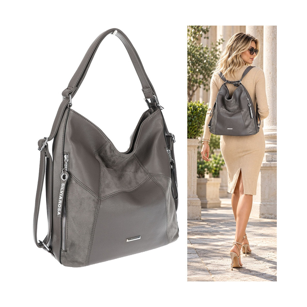 Torebka Damska Plecak Shopper na Ramię Torba 2w1 Worek Pojemna SR009 Taupe