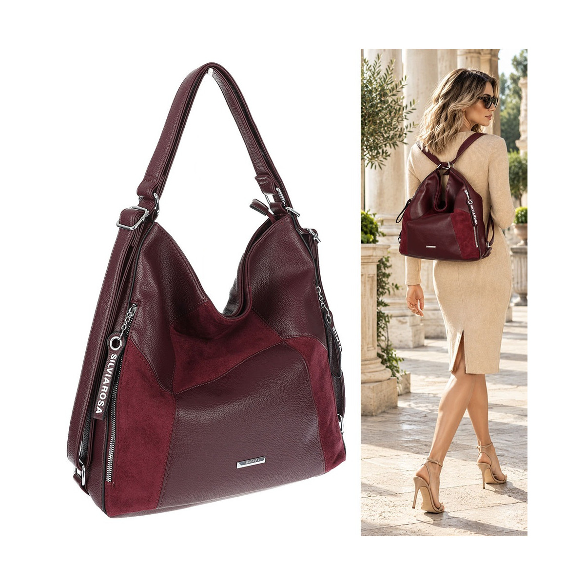 Torebka Damska Plecak Shopper na Ramię Lekka Torba 2w1 Worek SR009 Bordowa