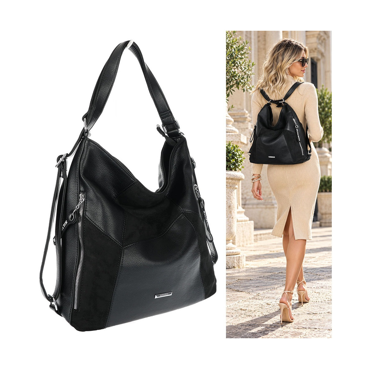 Torebka Damska Plecak Shopper na Ramię Torba 2w1 Worek Pojemna SR009 Czarna