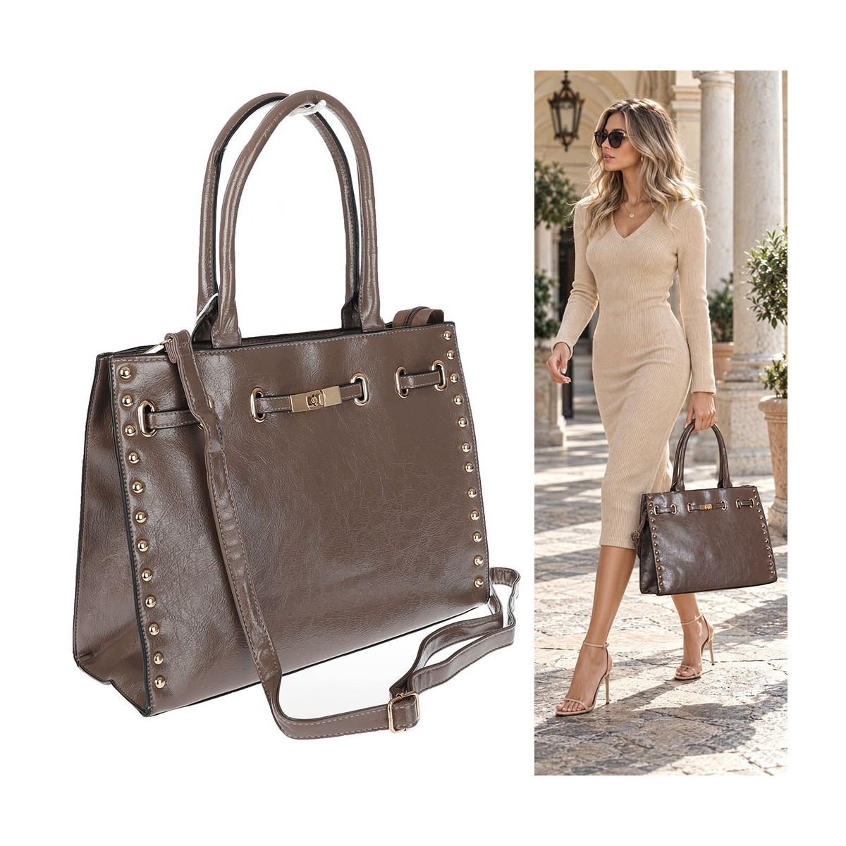 Torebka Damska shopper Teczka torba na ramię duża pojemna AM612 Beżowa