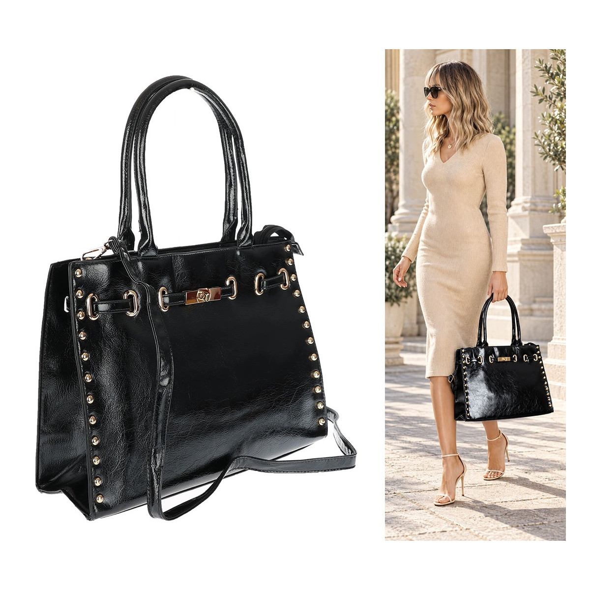 Torebka Damska shopper Teczka torba na ramię duża pojemna AM612 Czarna
