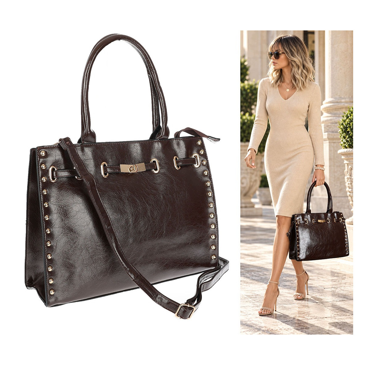 Torebka Damska shopper Teczka torba na ramię duża pojemna AM612 Czekoladowa