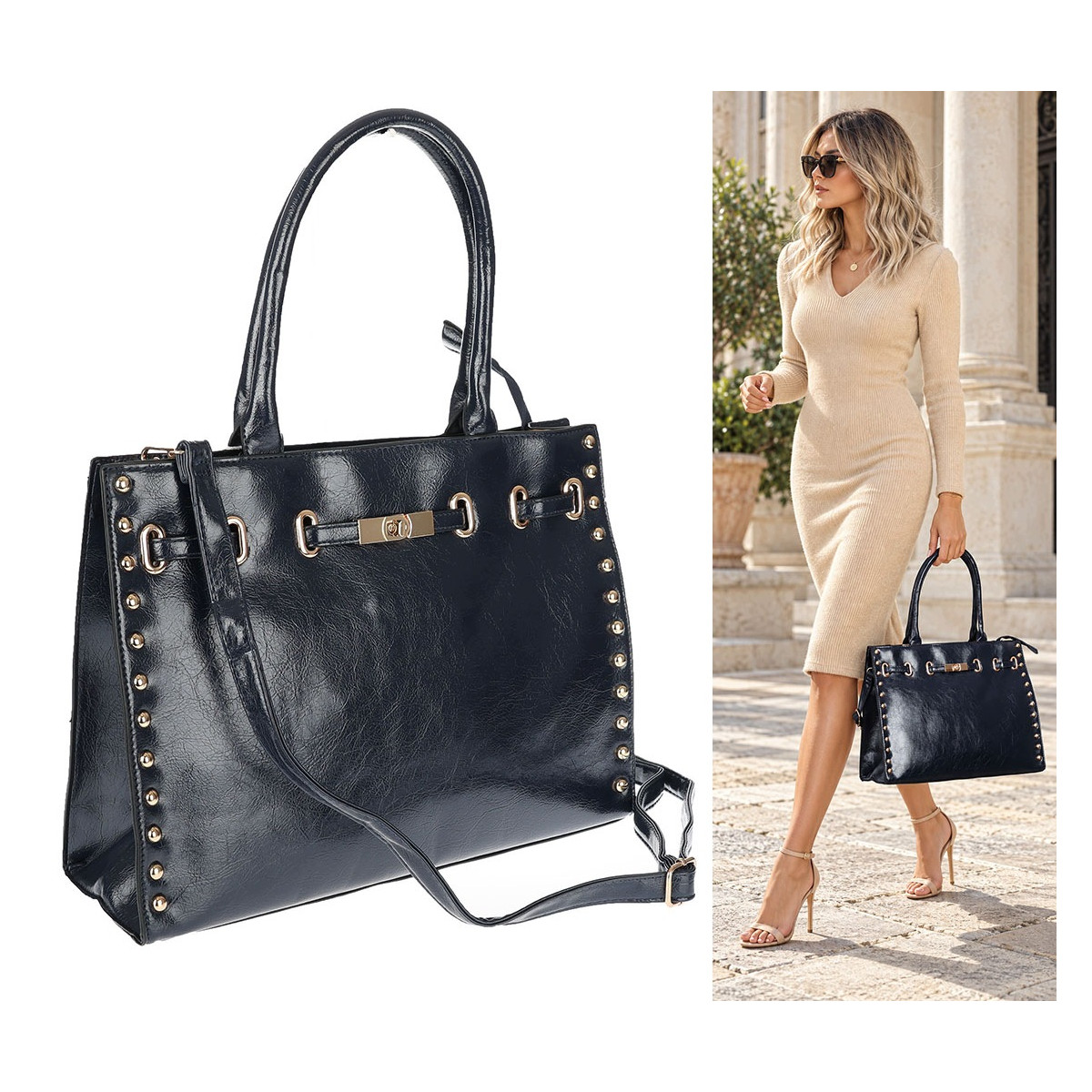 Torebka Damska shopper Teczka torba na ramię duża pojemna AM612 Granatowa
