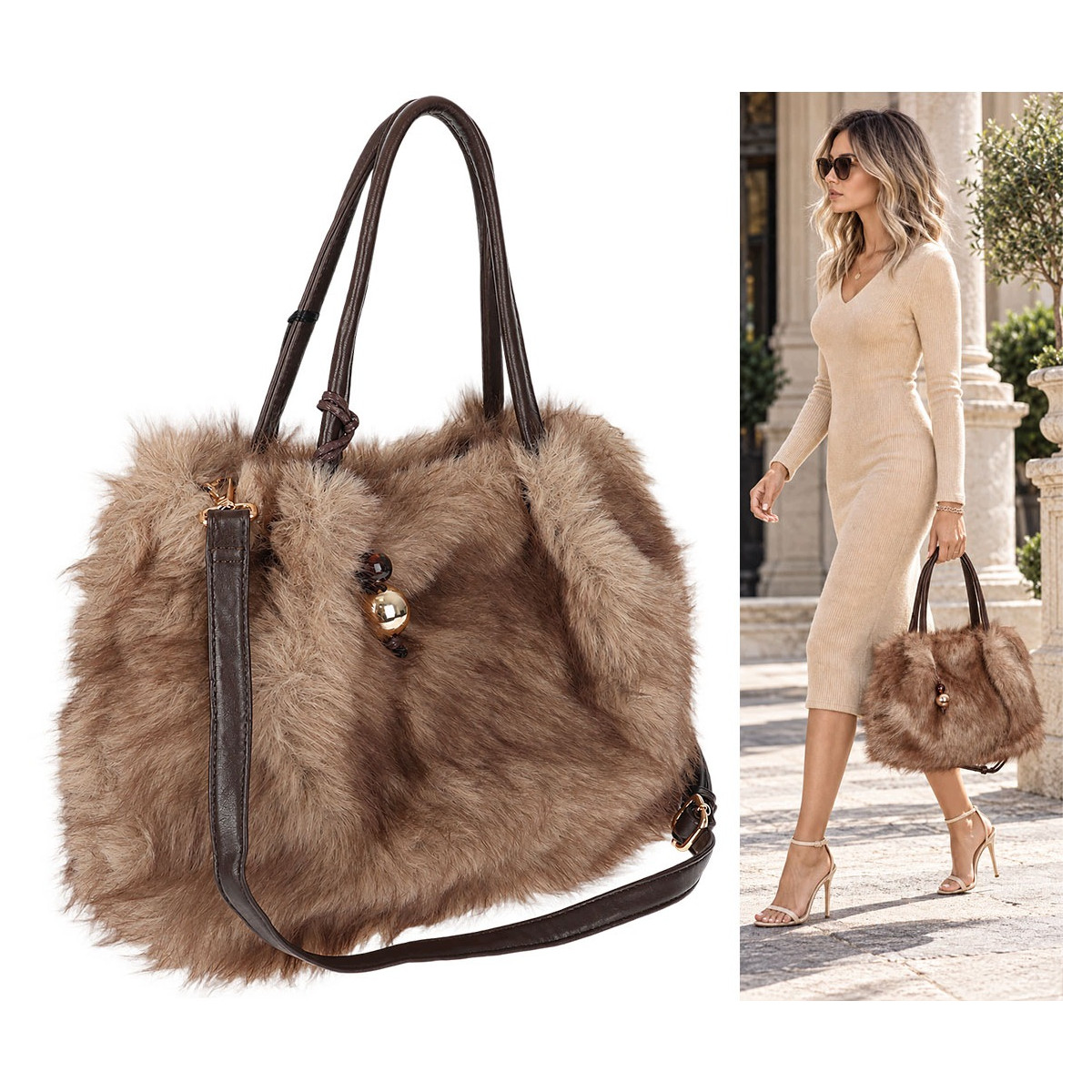 Torebka damska Tommasini Futrzana shopper Pojemna do ręki T3741 Beżowa