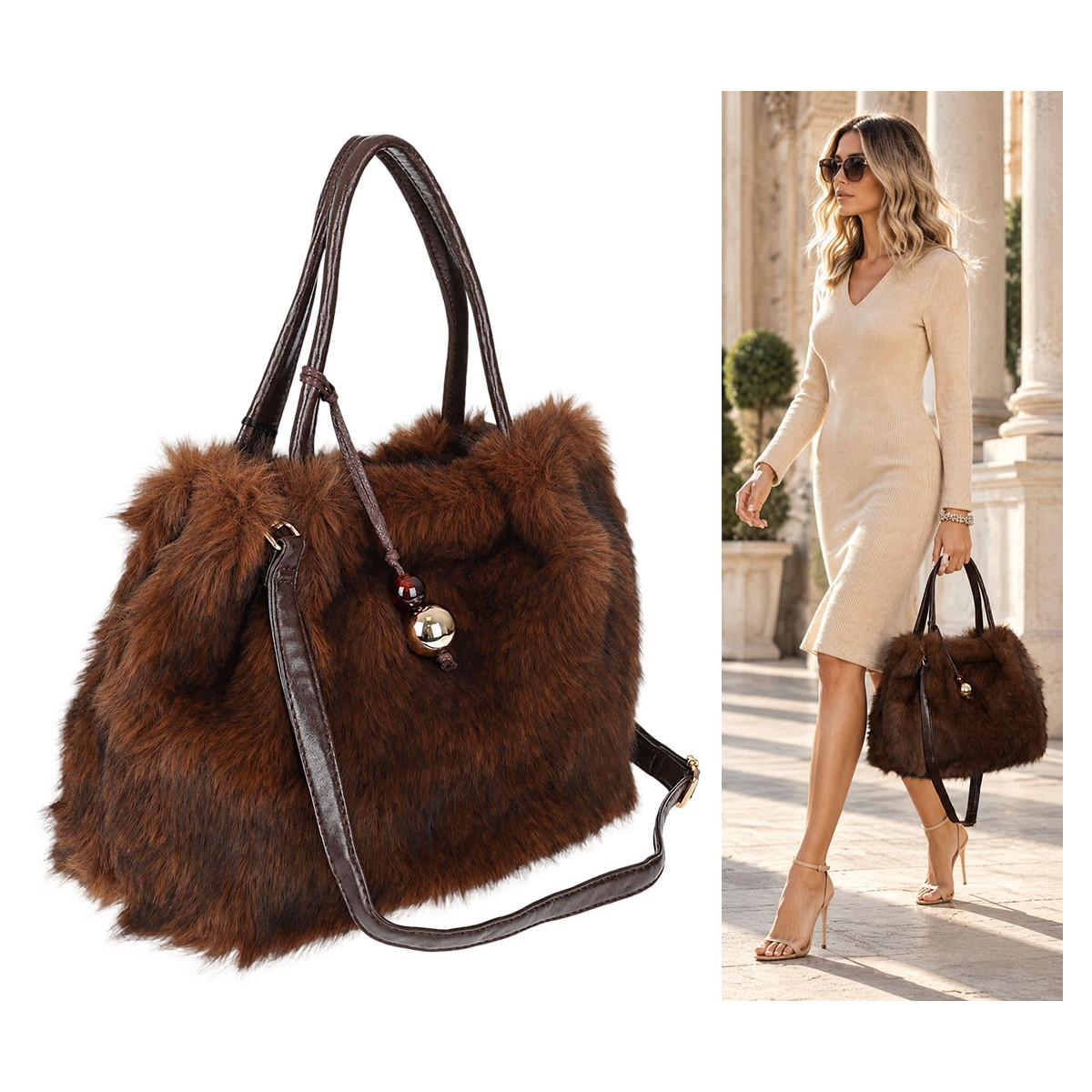 Torebka damska Tommasini Futrzana shopper Pojemna do ręki T3741 Brązowa
