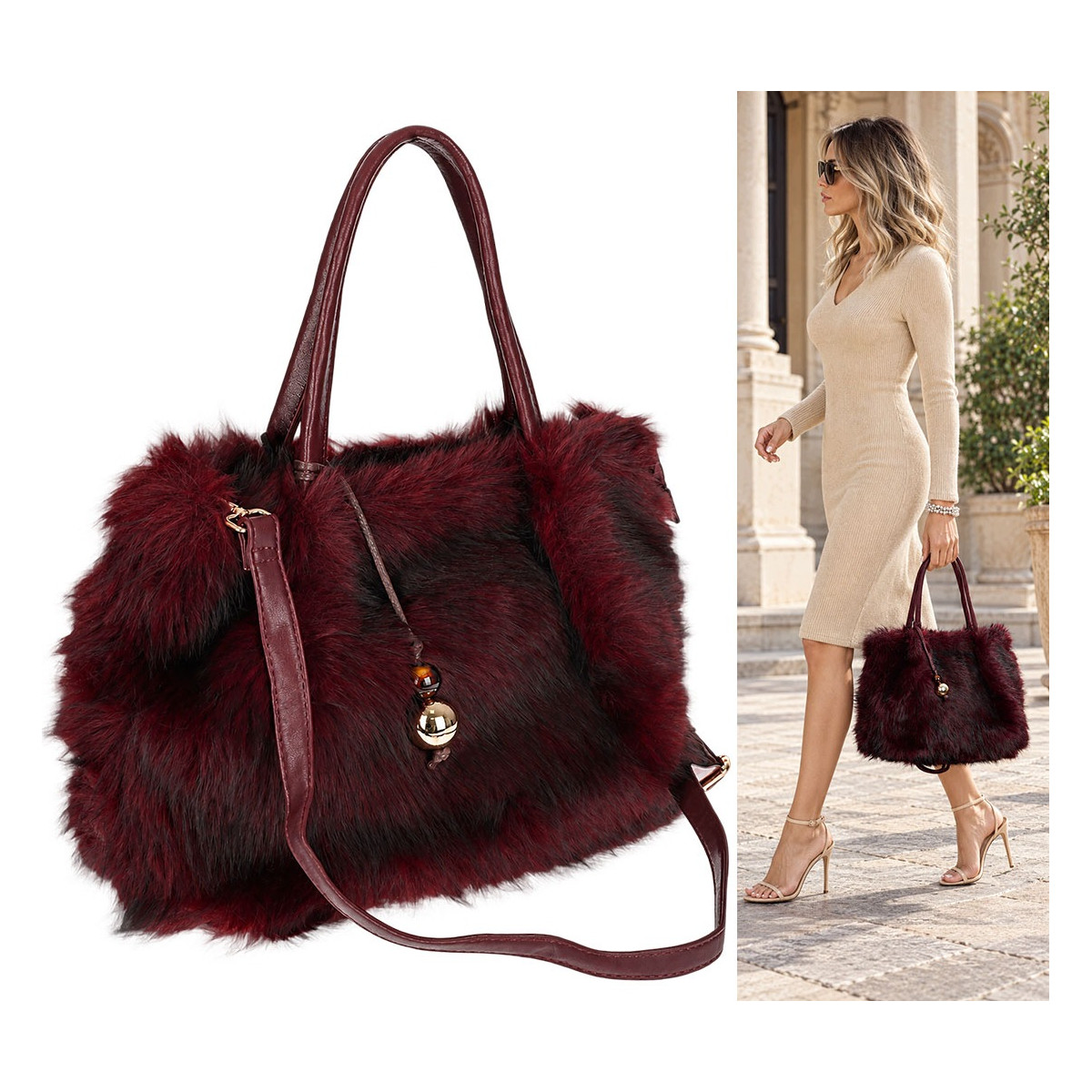 Torebka damska Tommasini Futrzana shopper Pojemna do ręki T3741 Bordowa