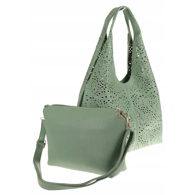 ANDREA MASSI Włoska Marka Torebka Damska Ażurowa 2w1 Worek na Ramię 23049 Green