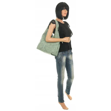 ANDREA MASSI Włoska Marka Torebka Damska Ażurowa 2w1 Worek na Ramię 23049 Green