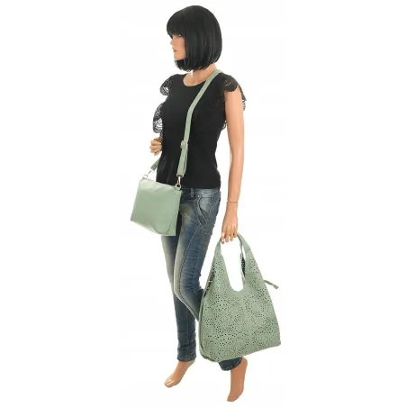 ANDREA MASSI Włoska Marka Torebka Damska Ażurowa 2w1 Worek na Ramię 23049 Green