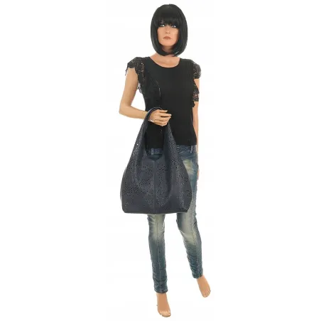 ANDREA MASSI Włoska Marka Torebka Damska Ażurowa 2w1 Worek na Ramię 23049 Granatowa